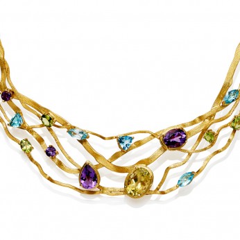 Gold Plate Sterling Silver Collar with Amethyst, Citrine, Blue and Green Topaz